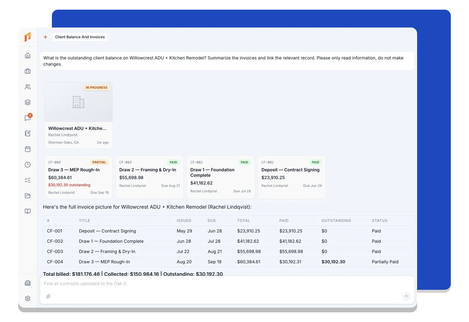 Foreman assistant answering a question using a sample project’s records.