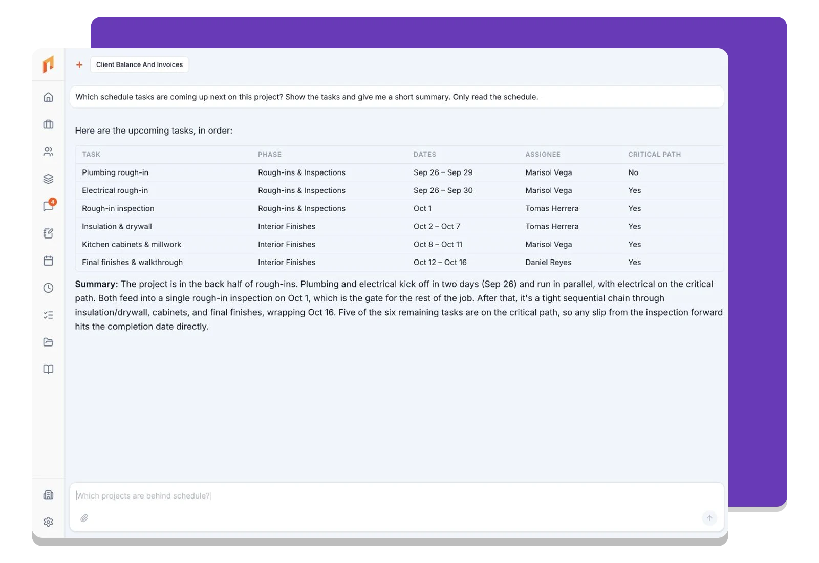 Foreman assistant summarizing upcoming project schedule tasks, dates, and assignees.