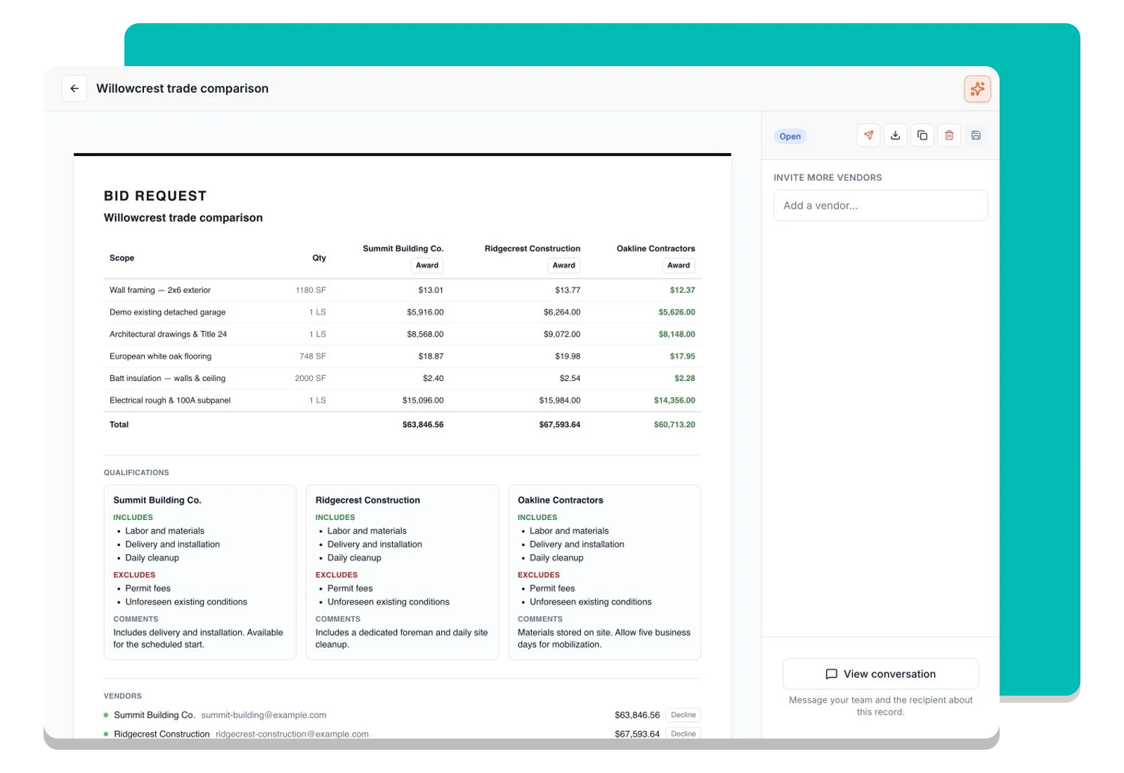 Vendor bids compared side by side against the same scope in Foreman.