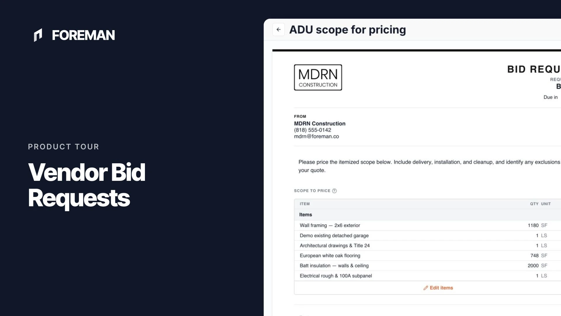 A Foreman bid request showing the scope of work and vendor recipients.