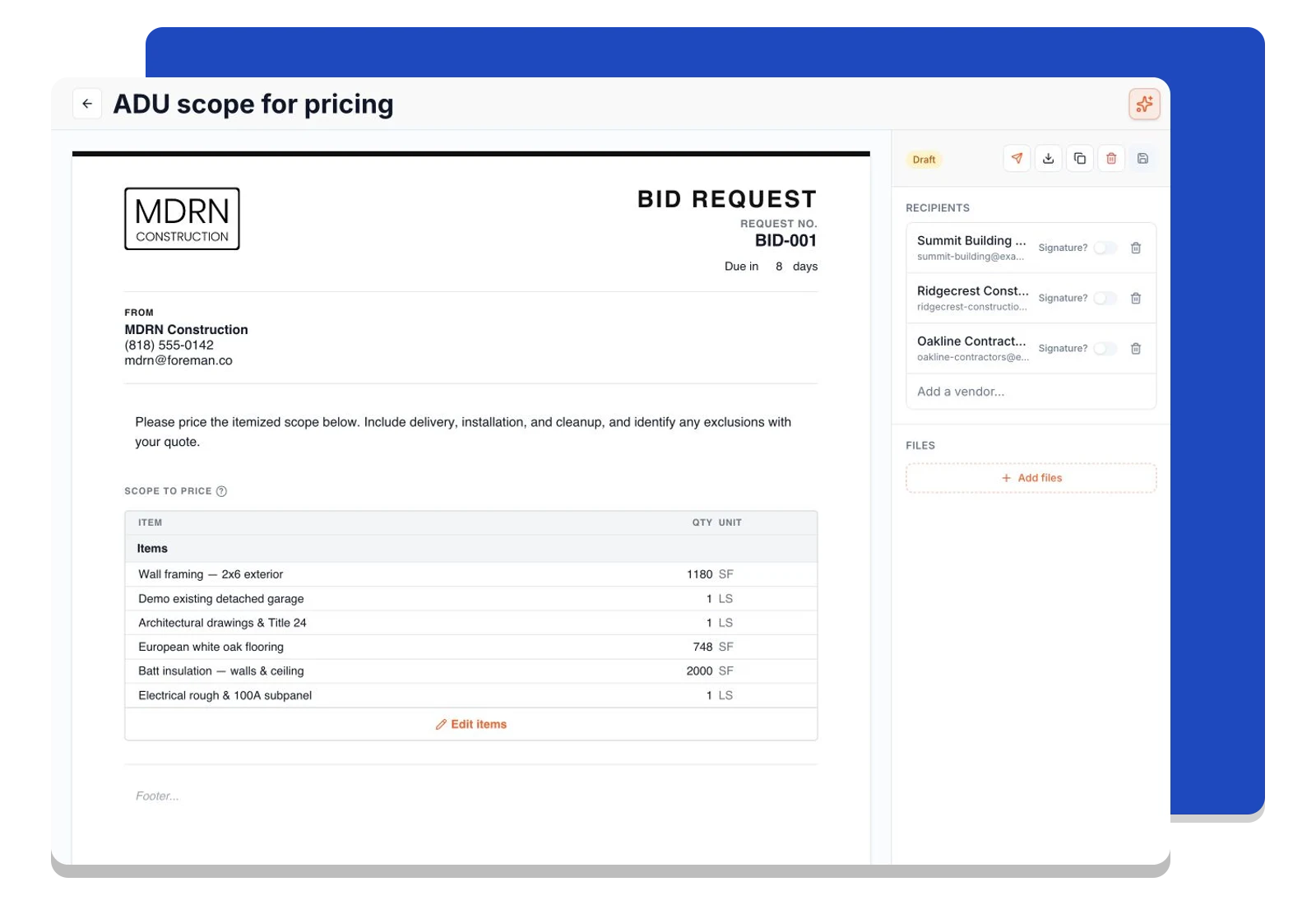 A bid request with itemized scope and quantities ready for vendors to price.