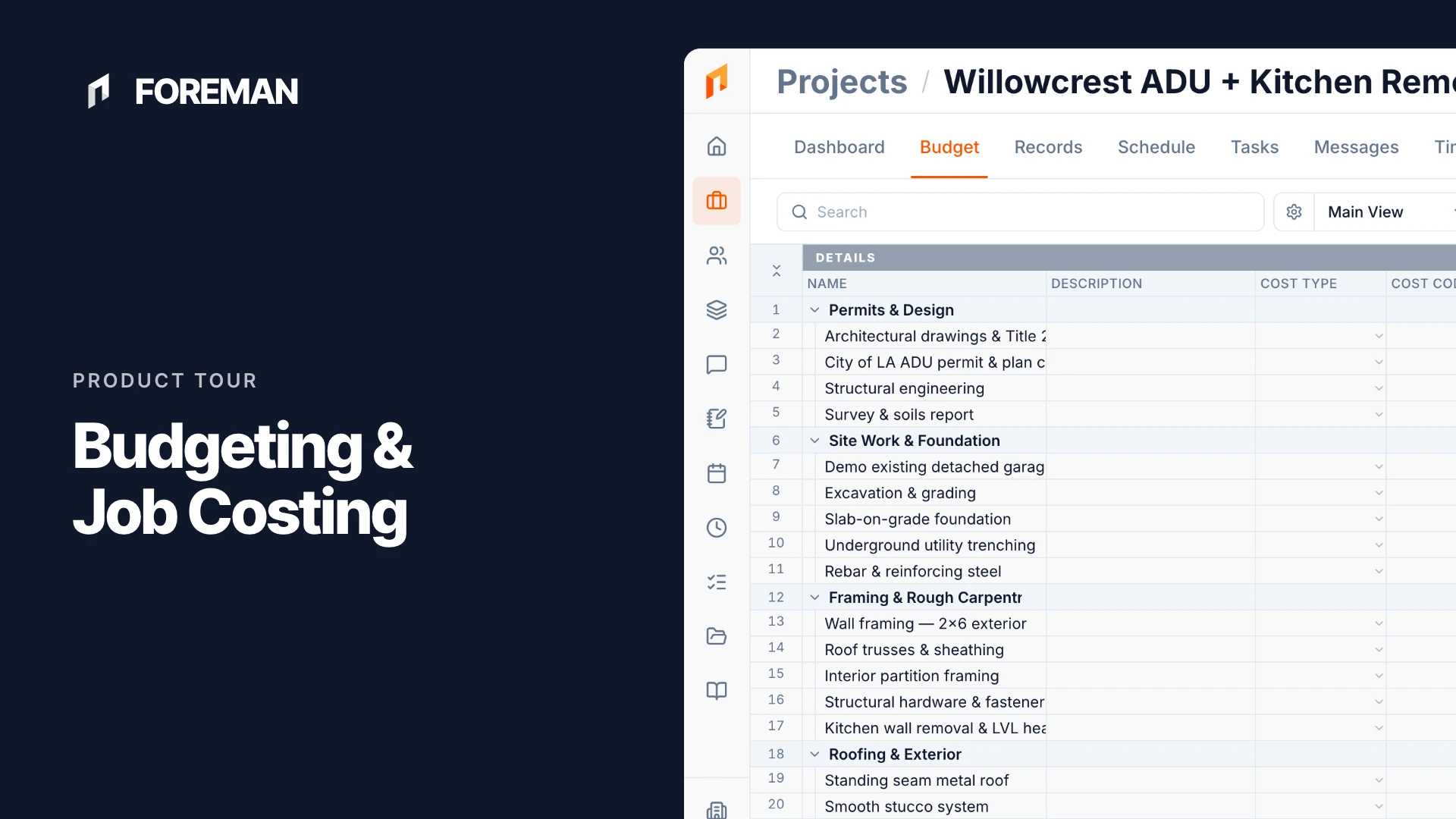 A construction budget in Foreman, broken into sections with per-line cost, margin and price.