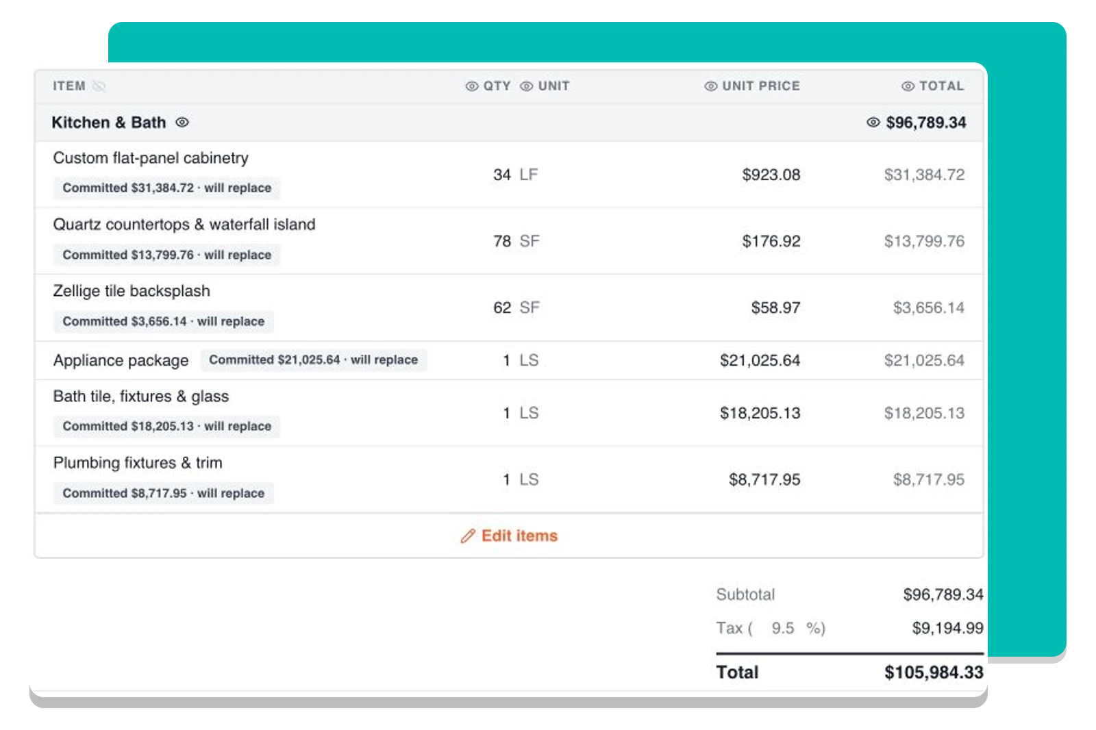 A change order showing its scope, budget-linked items, and total.