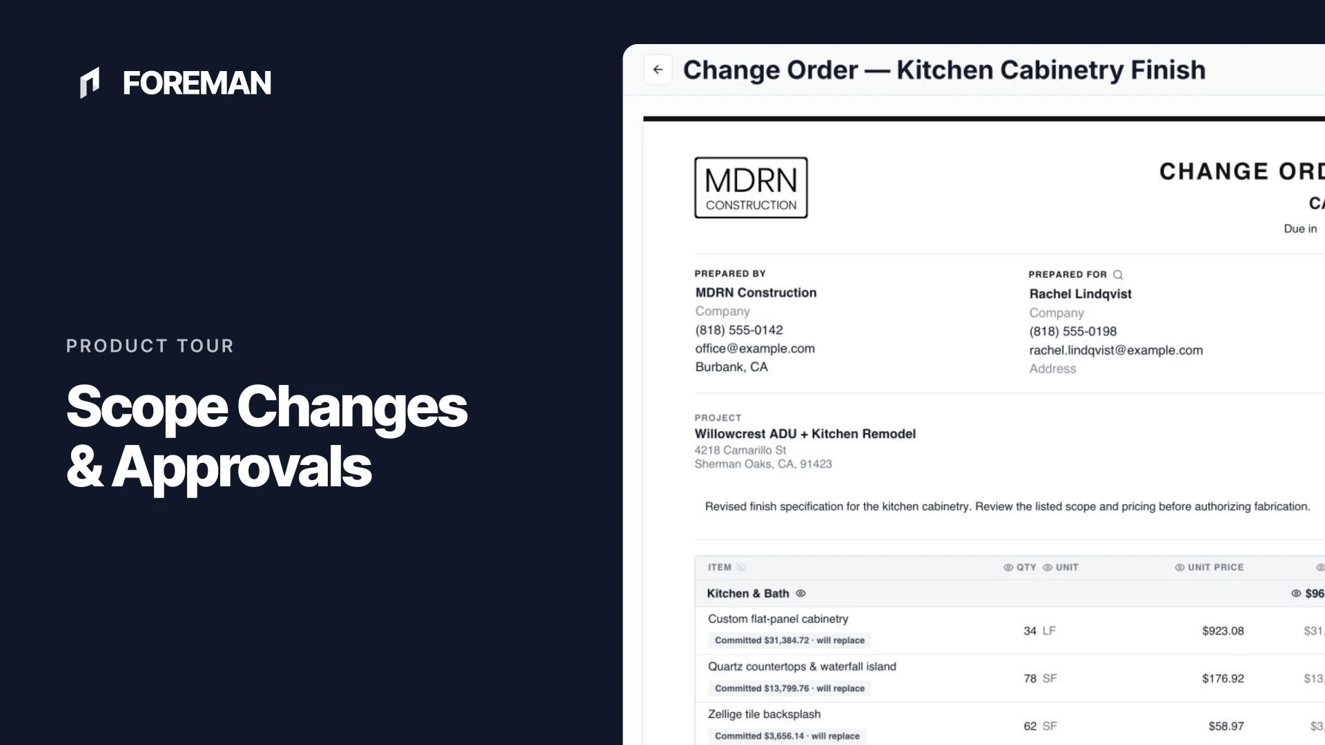 A project change order with itemized scope and approval details in Foreman.