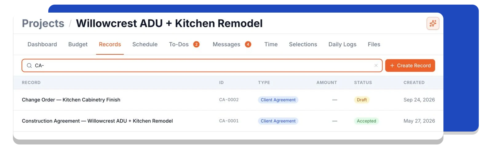 Client agreements and change orders organized in a project's Records list.