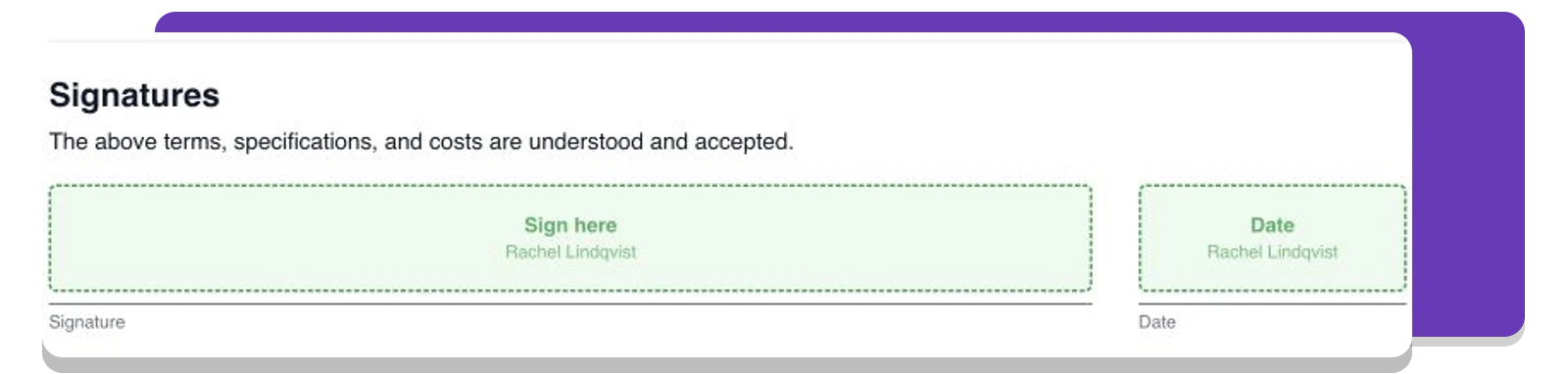 Signature fields prepared for the client on a draft change order.