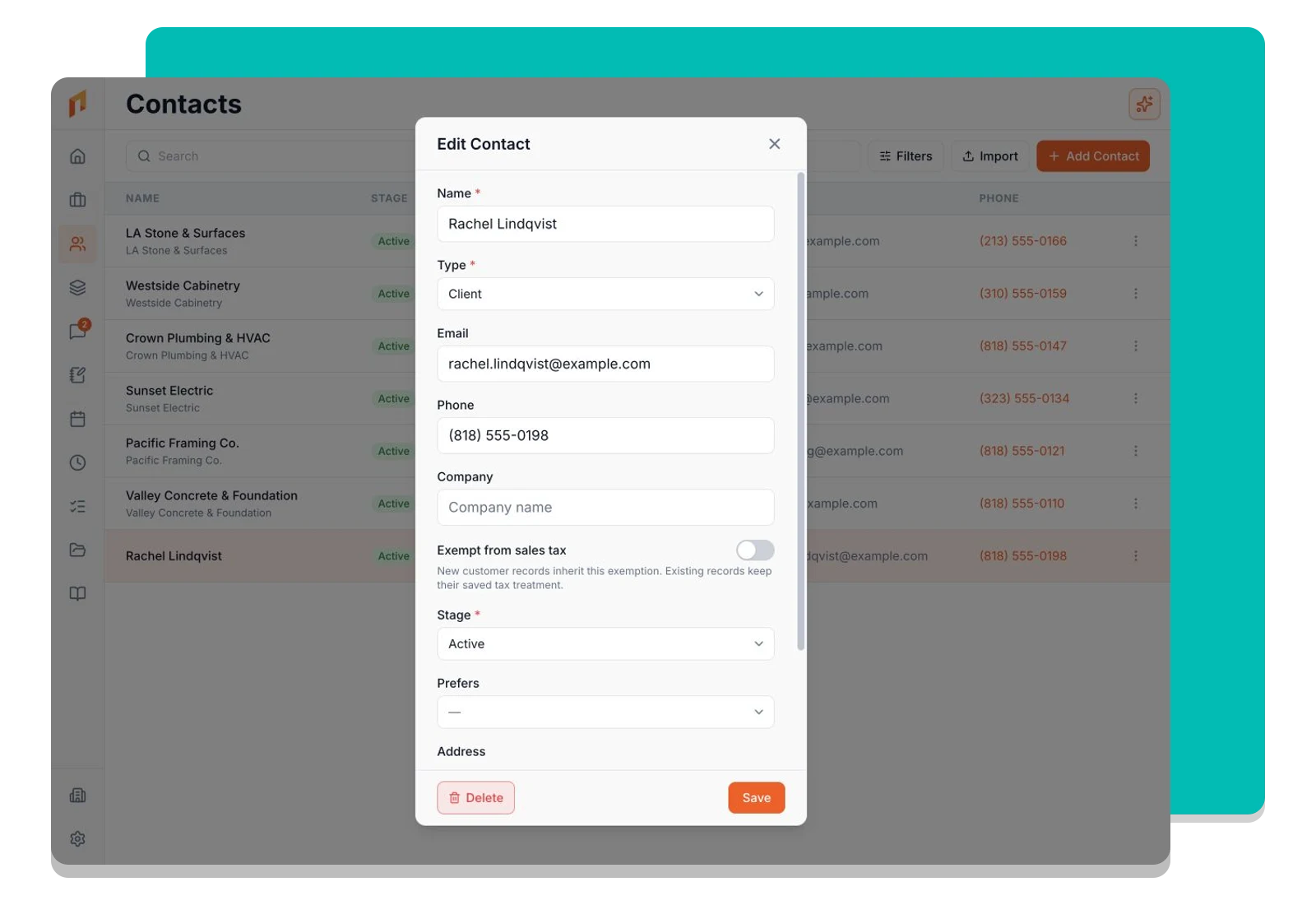 A client contact open in Foreman with company, phone, and lifecycle stage fields.