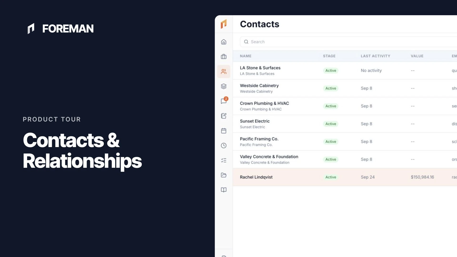 The Foreman contacts list with client names, companies, and contact details.
