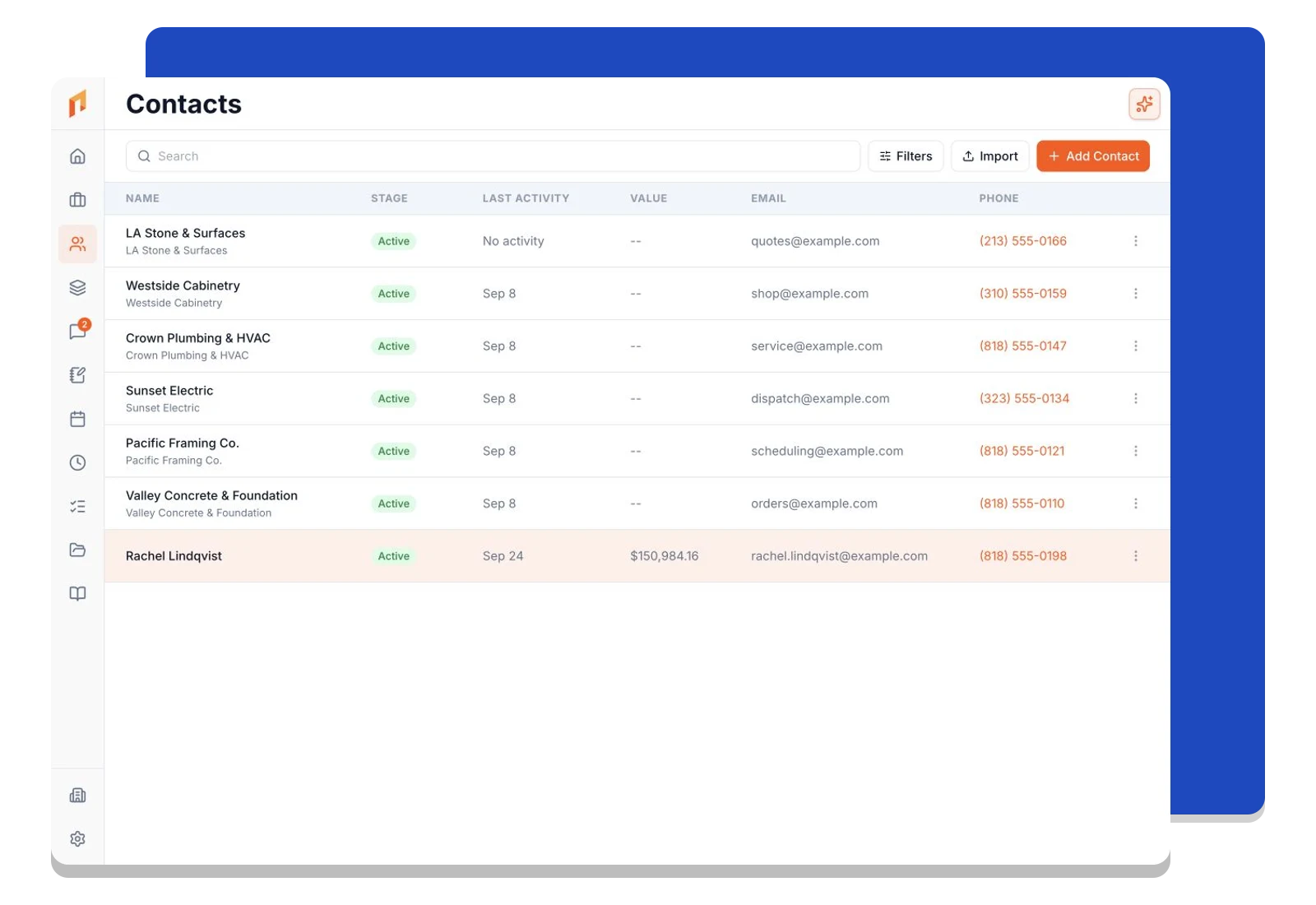 The Foreman contacts directory showing client names and contact information.