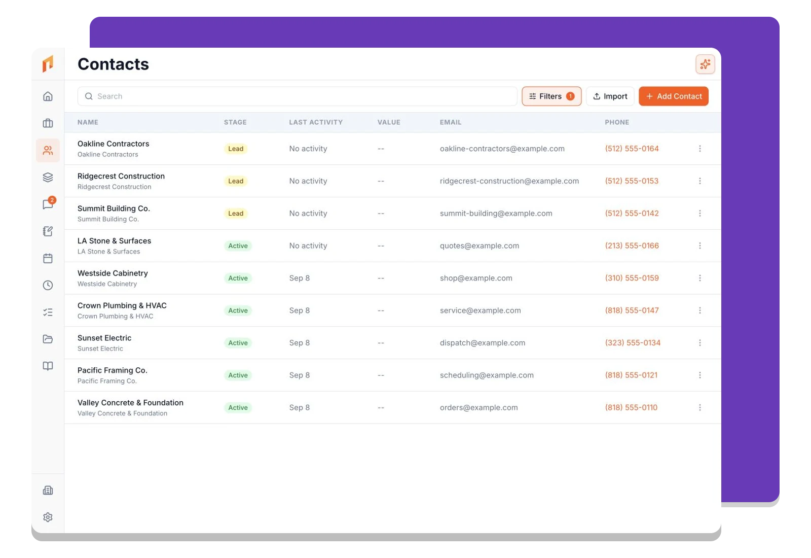 The contacts directory filtered to vendors and subcontractors.