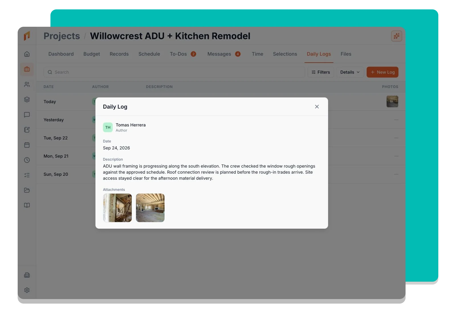 An existing daily log open with site notes and photo attachments.