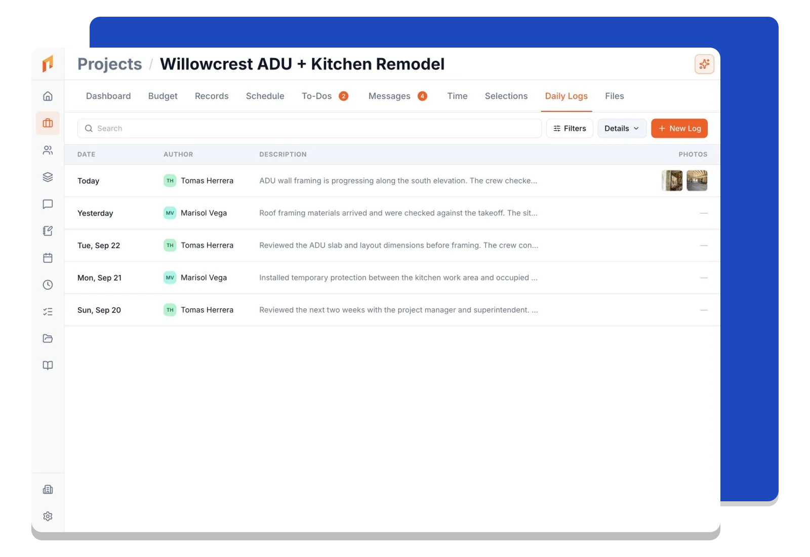 A project daily-log list showing dated entries and authors.