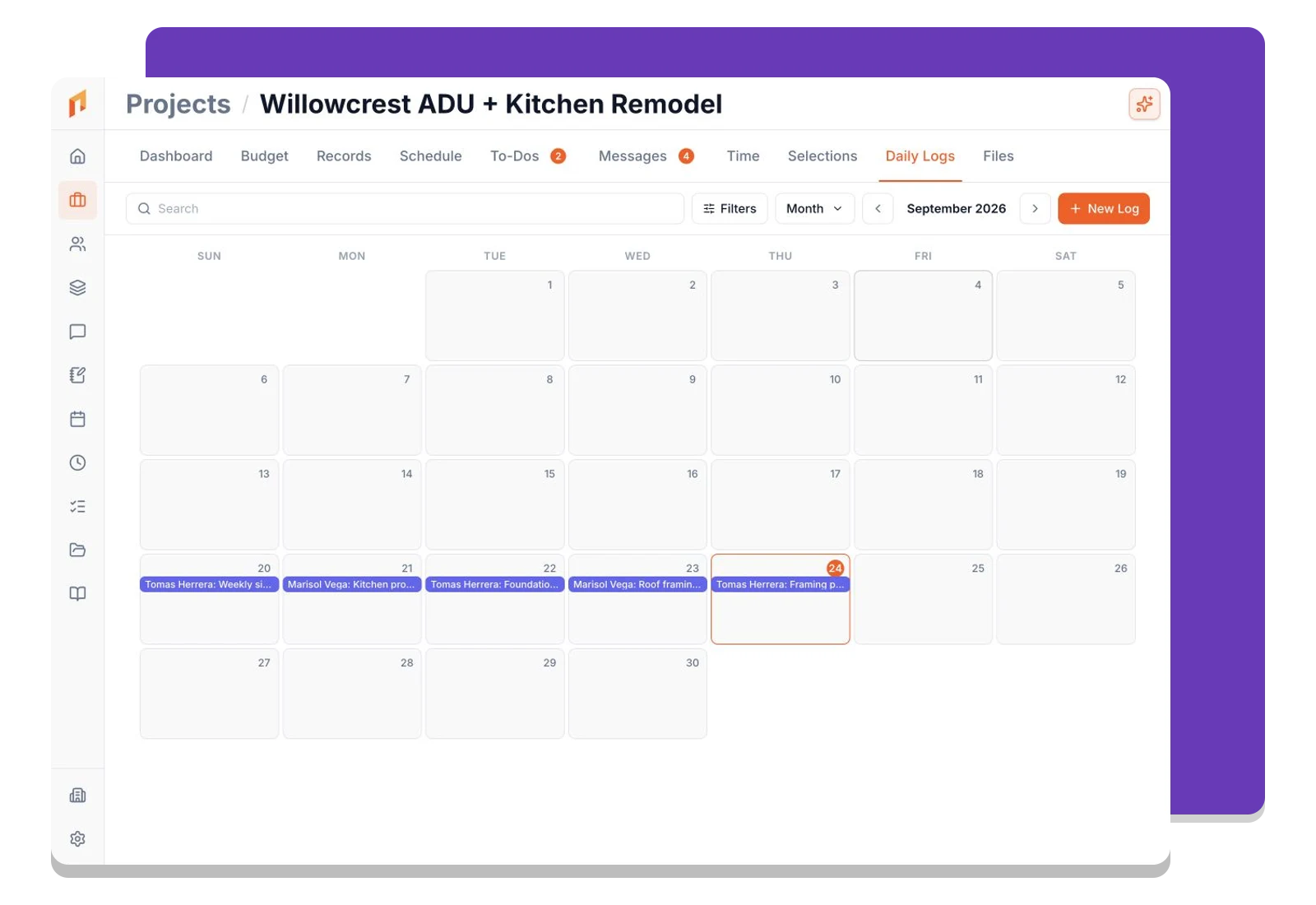 Daily-log entries displayed on the project calendar.