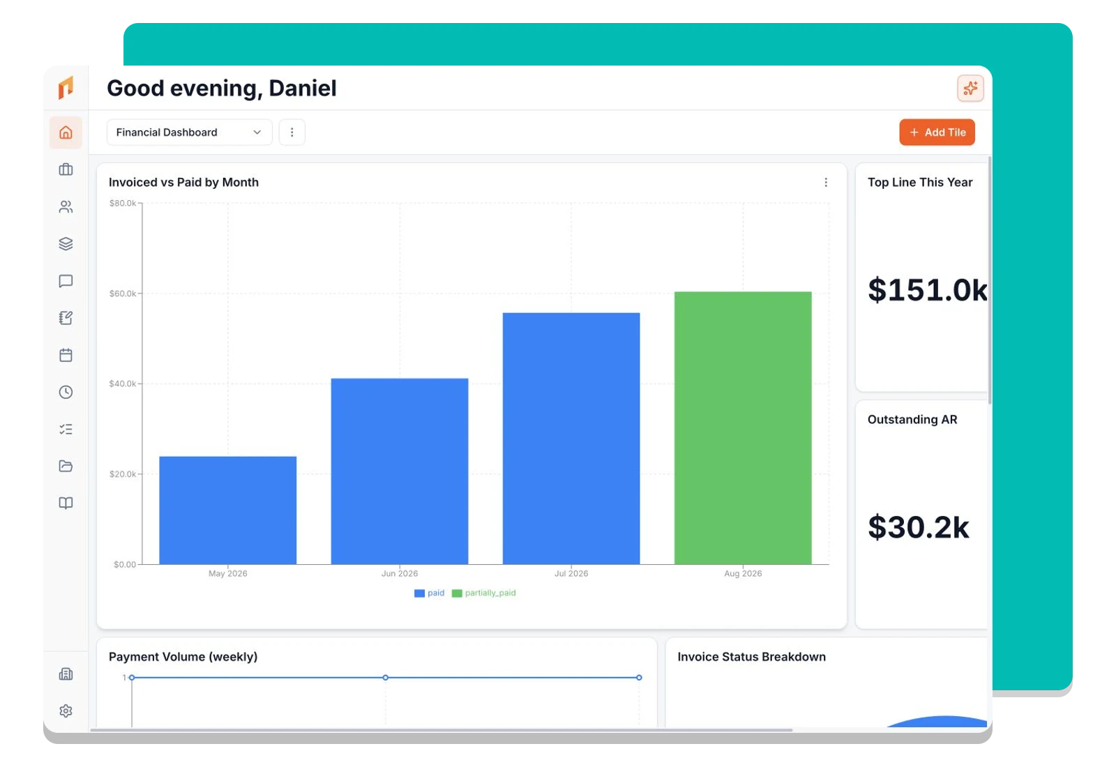 Financial dashboard with invoice and payment summaries.