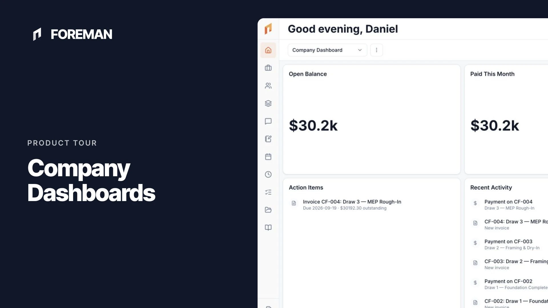 Company dashboard with project totals and financial charts.