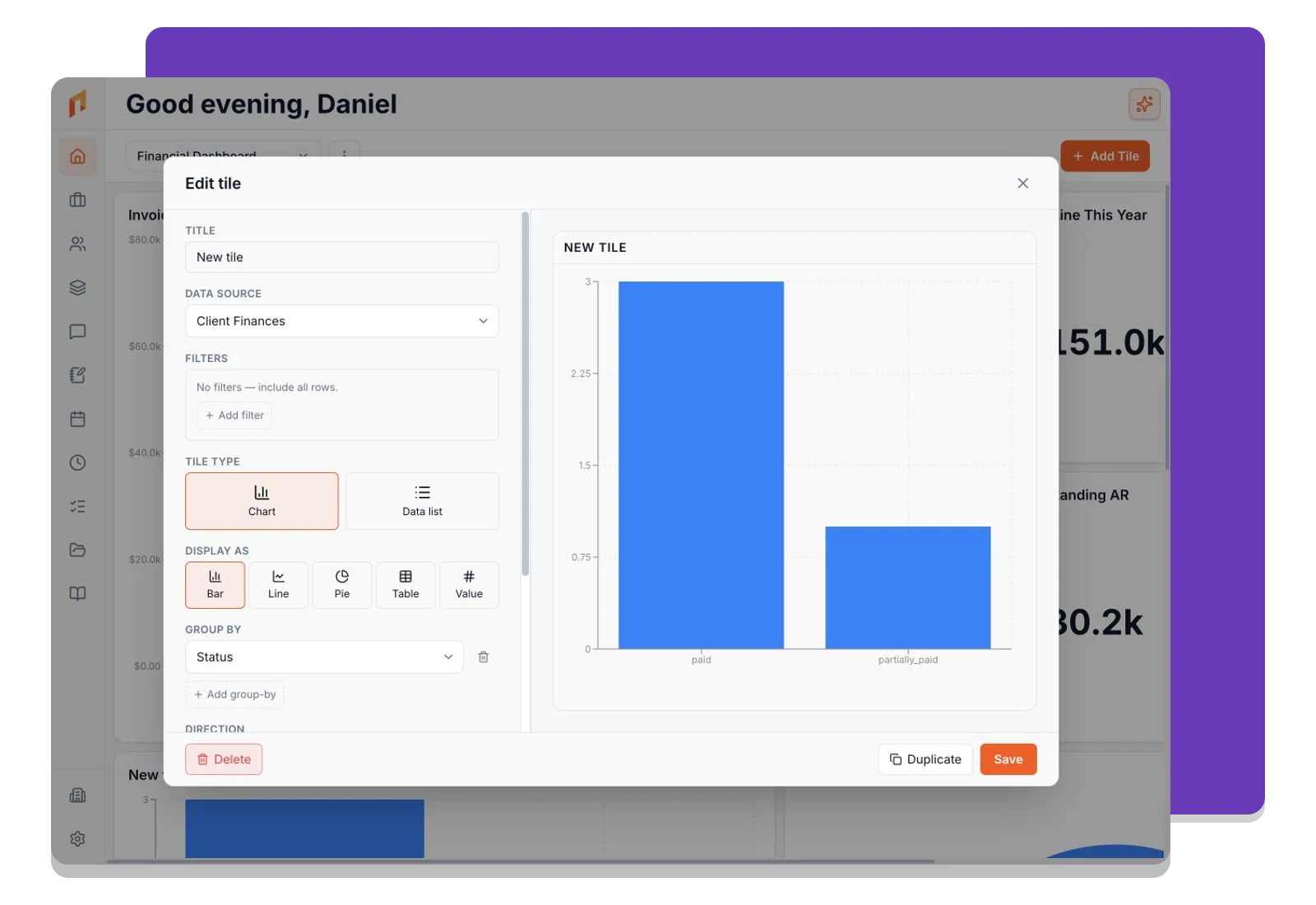Dashboard tile editor with data source and chart settings.