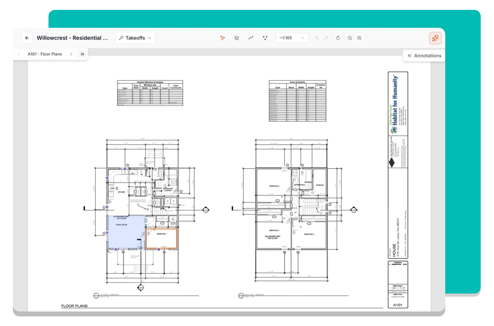 A project plan set open in Foreman's PDF viewer with sheet navigation.
