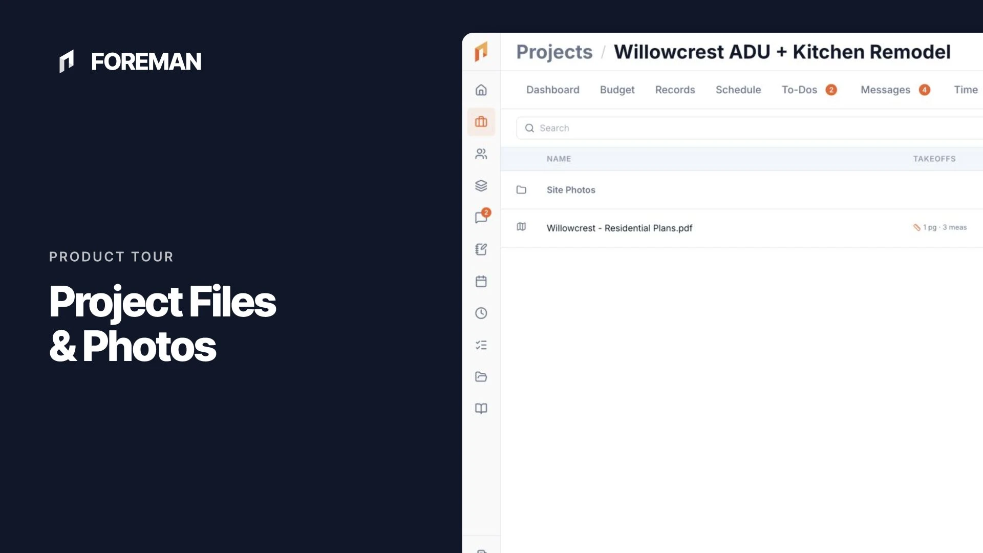 The Foreman project file browser with folders and uploaded project files.