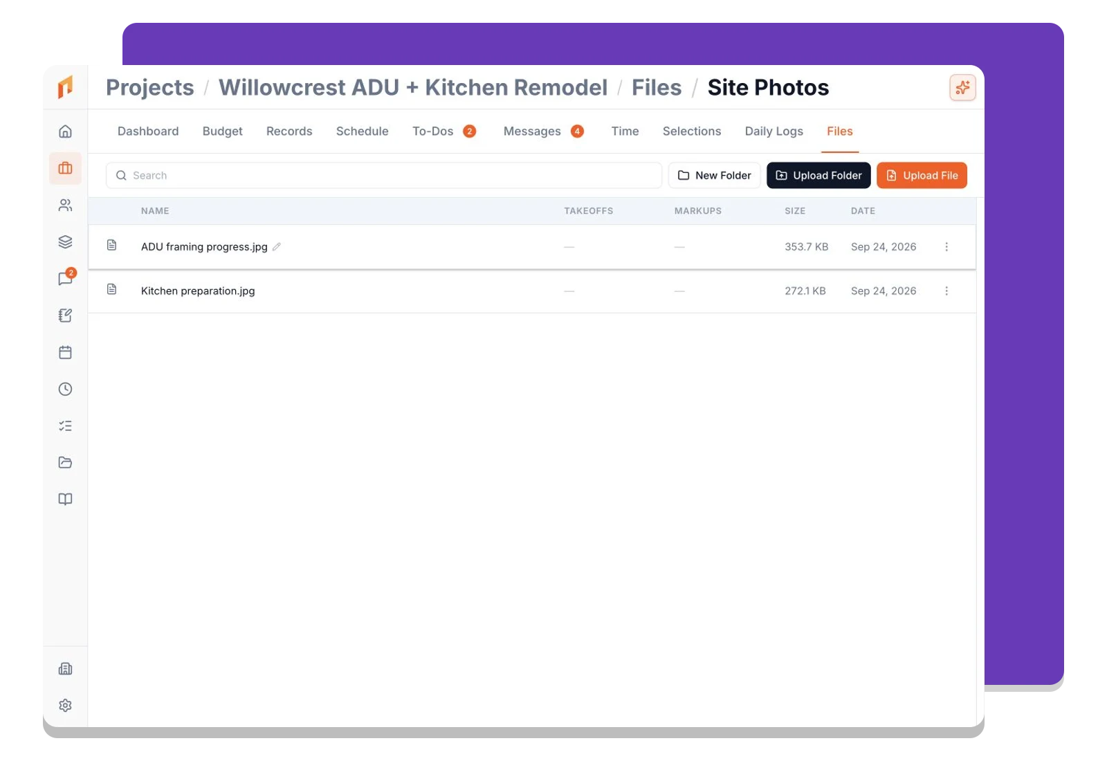 The project Files area showing a Site Photos folder with project images.