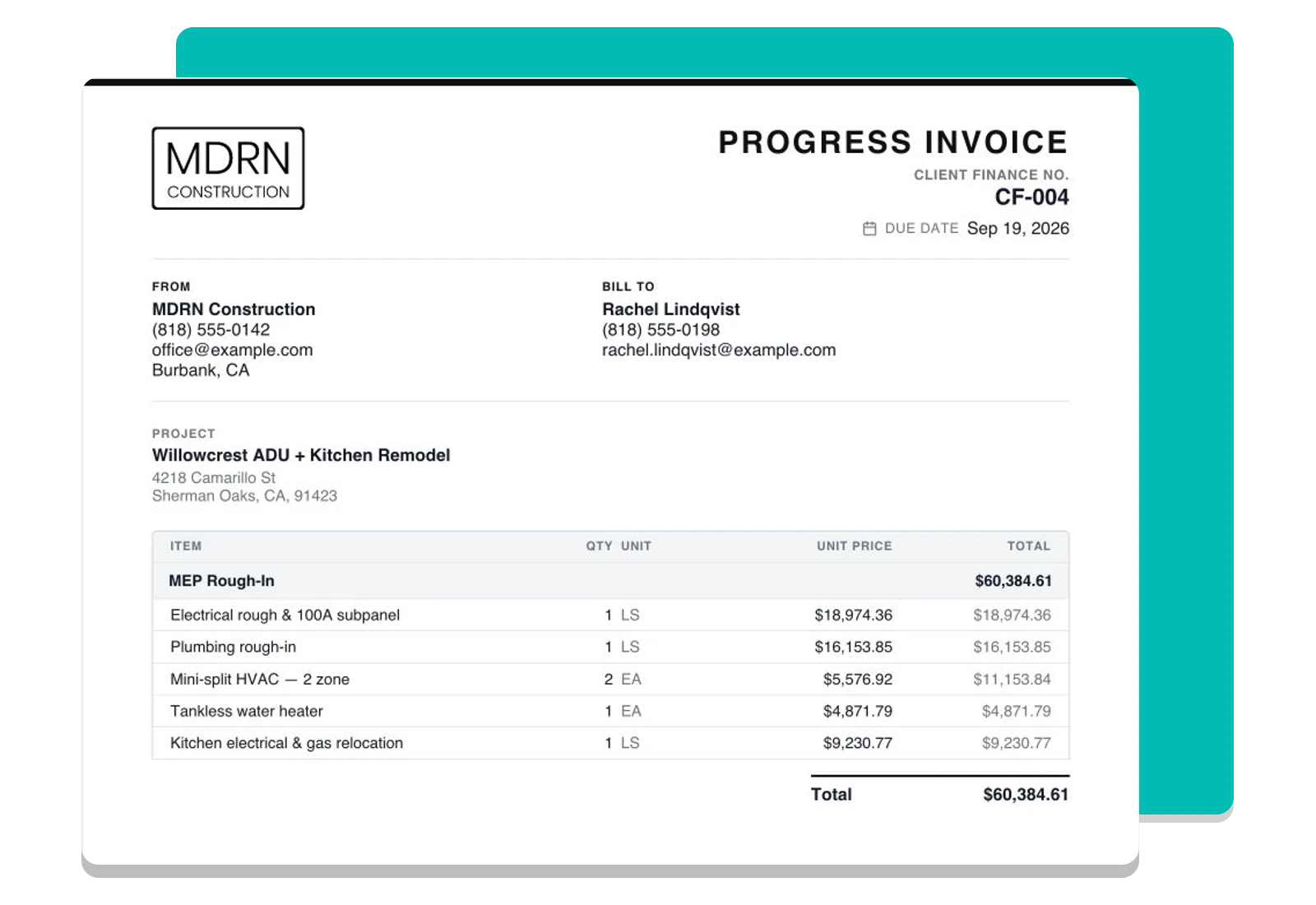 An itemized client invoice in the Foreman record editor.