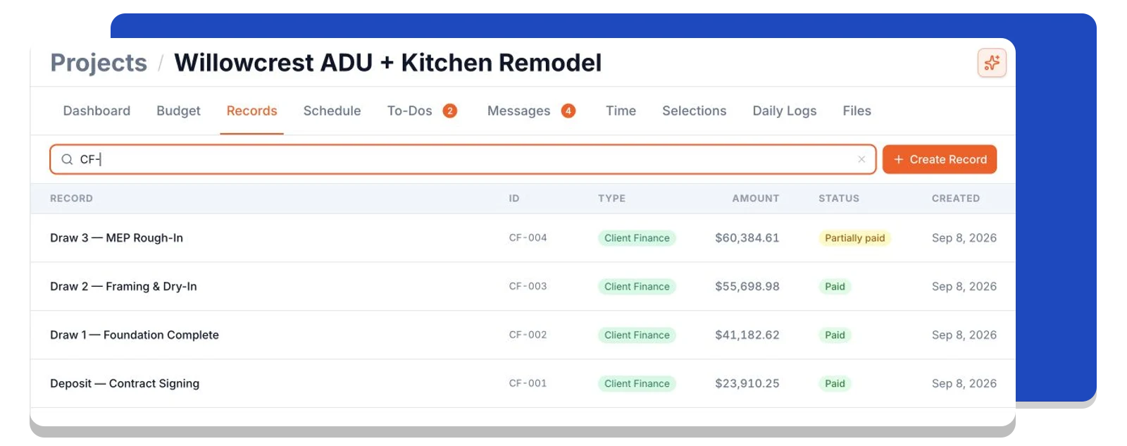 Project client finance records listed with their amounts and statuses.