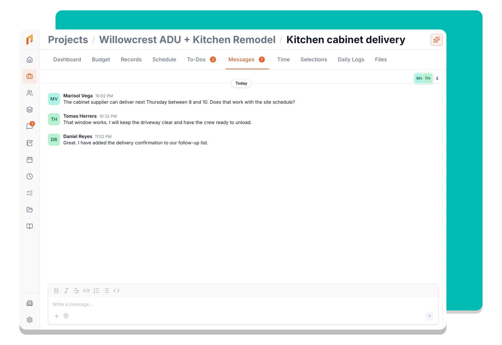 An open project message thread with participants, replies, and its message composer.