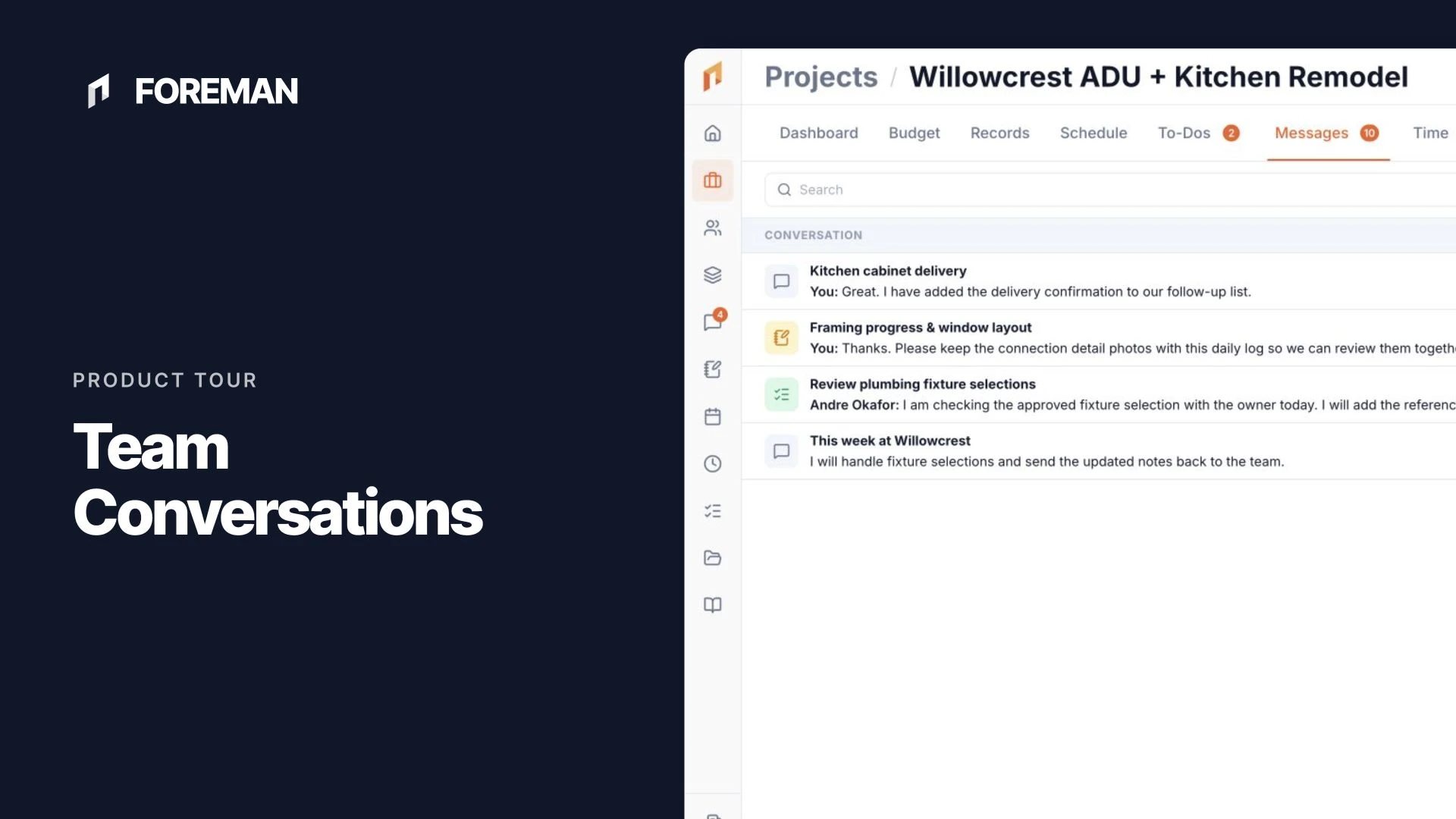 The Foreman project inbox showing project conversations and unread messages.