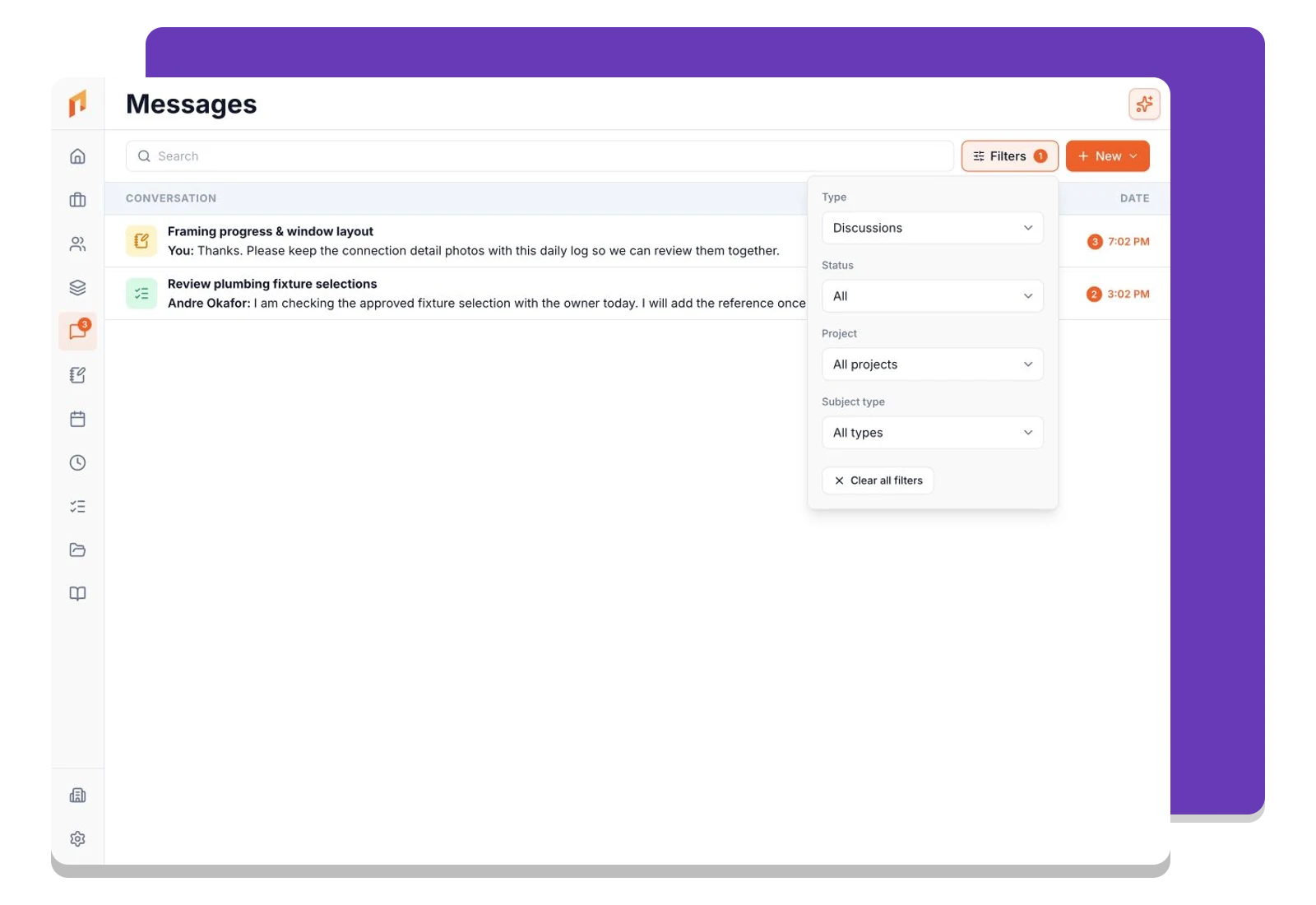 Foreman message filters for conversation type, status, project, and comment subject.