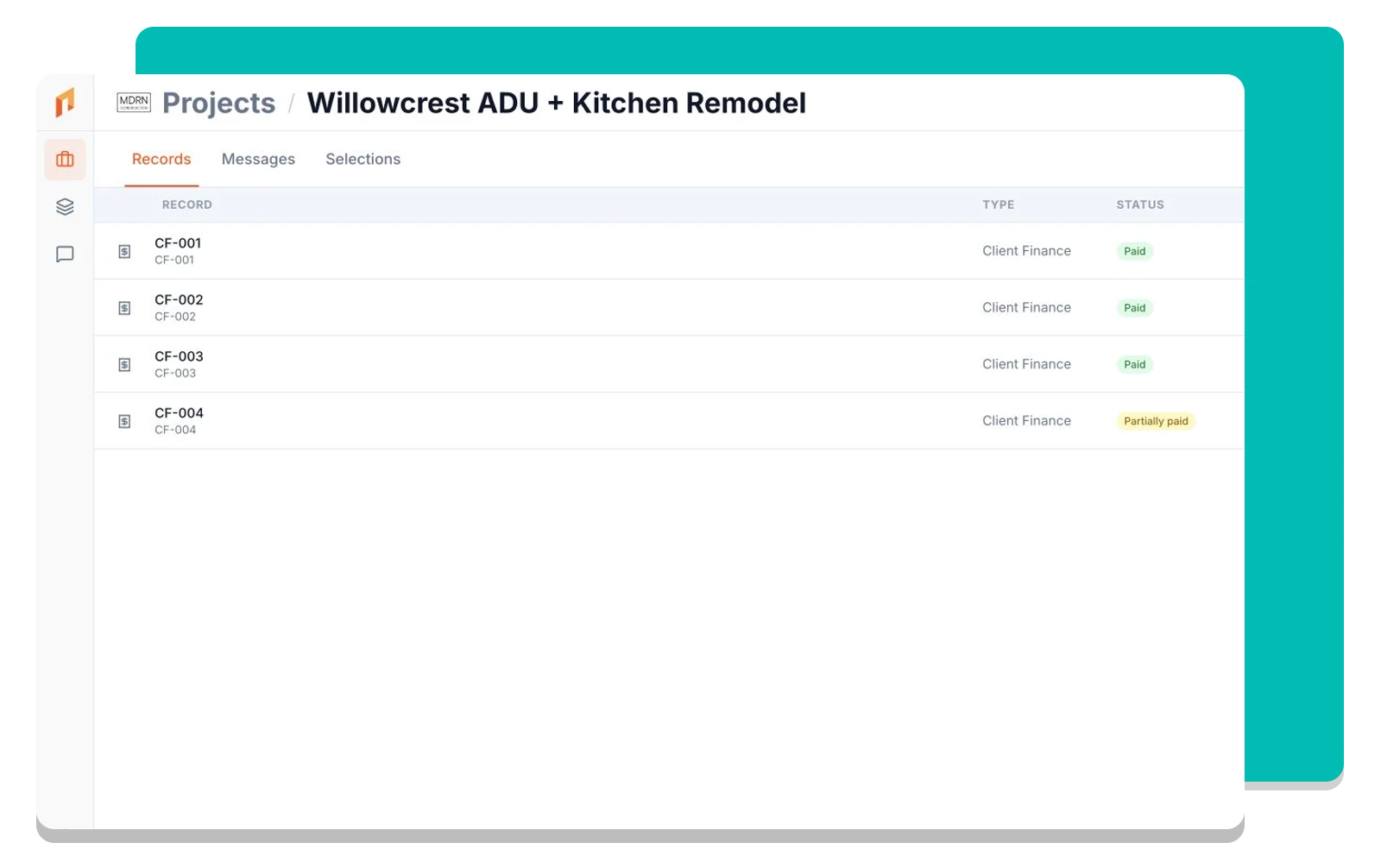 A client’s Records tab listing shared invoices and payment statuses.