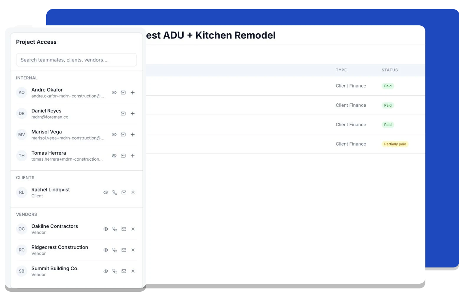 Project access panel showing client and vendor membership.