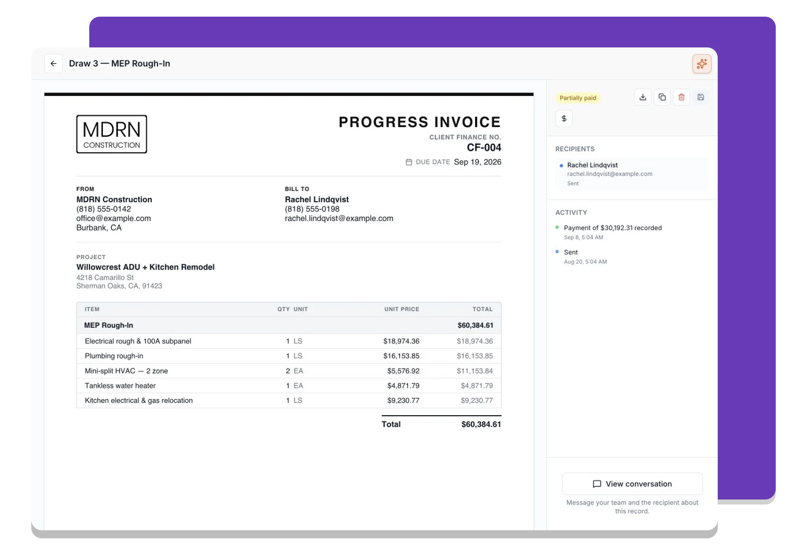 An itemized project invoice prepared for the client in Foreman.