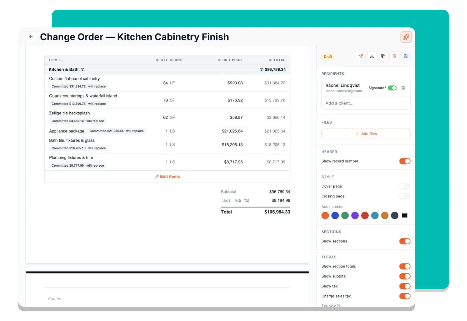The agreement editor showing itemized scope, pricing, and totals before sending.