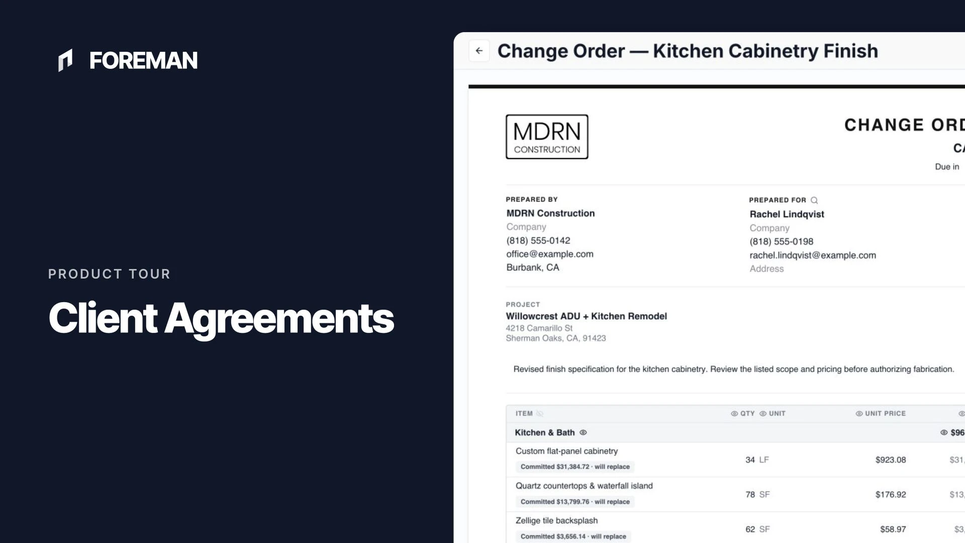 A branded client agreement in Foreman with project details and priced scope.
