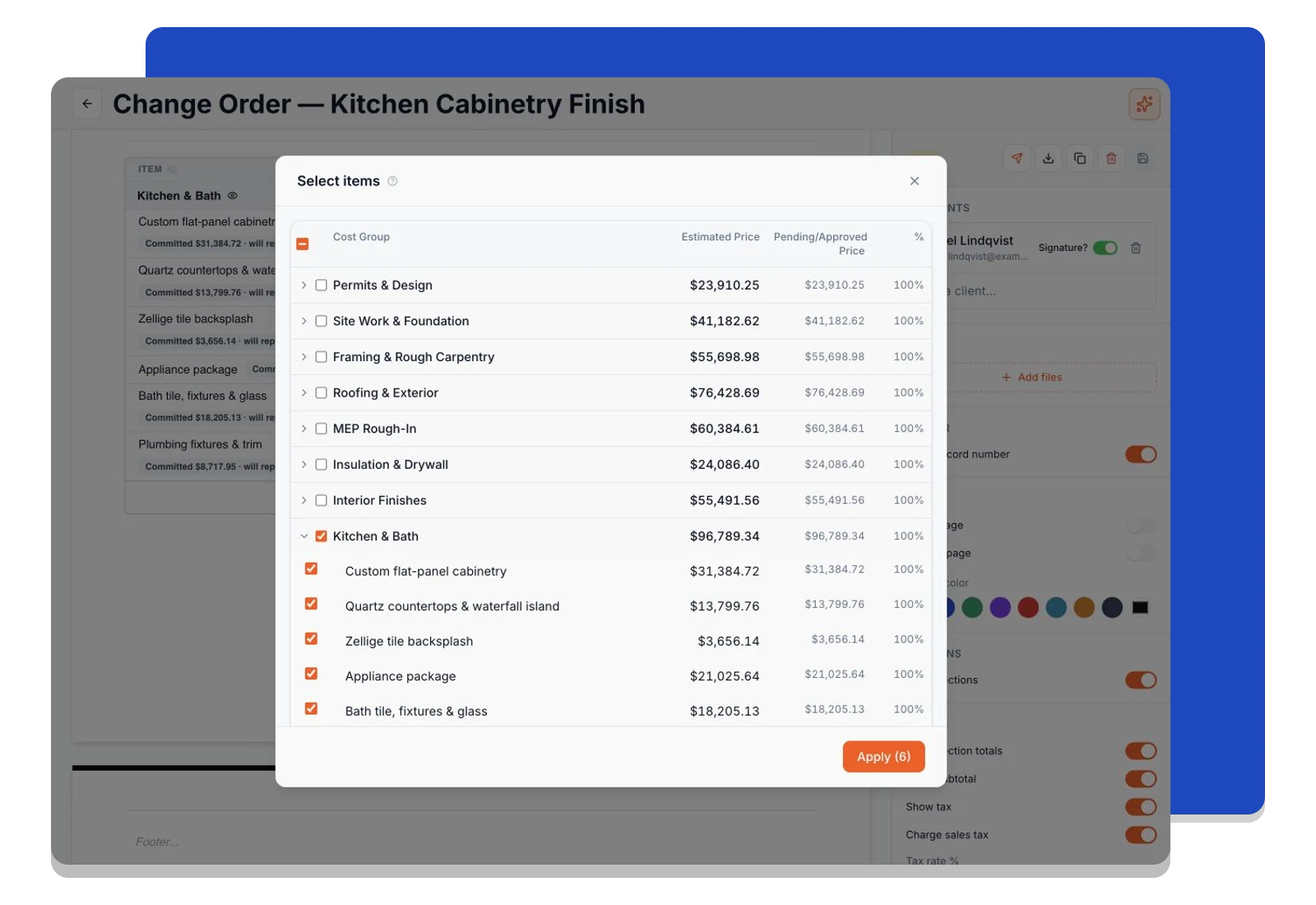 The agreement’s scope picker with selected budget items and their prices.