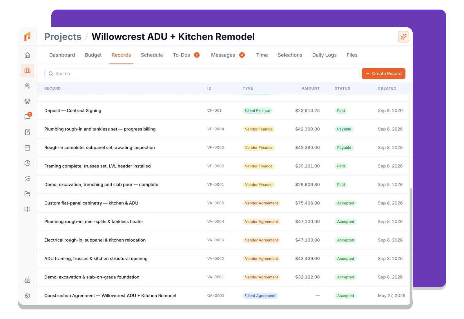Project records showing client and vendor agreements with their current statuses.