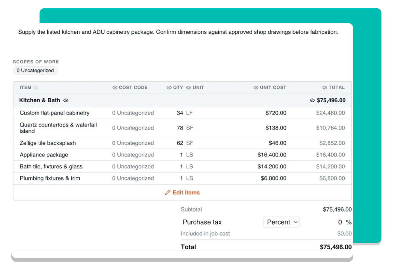 An itemized purchase order built from project budget items.