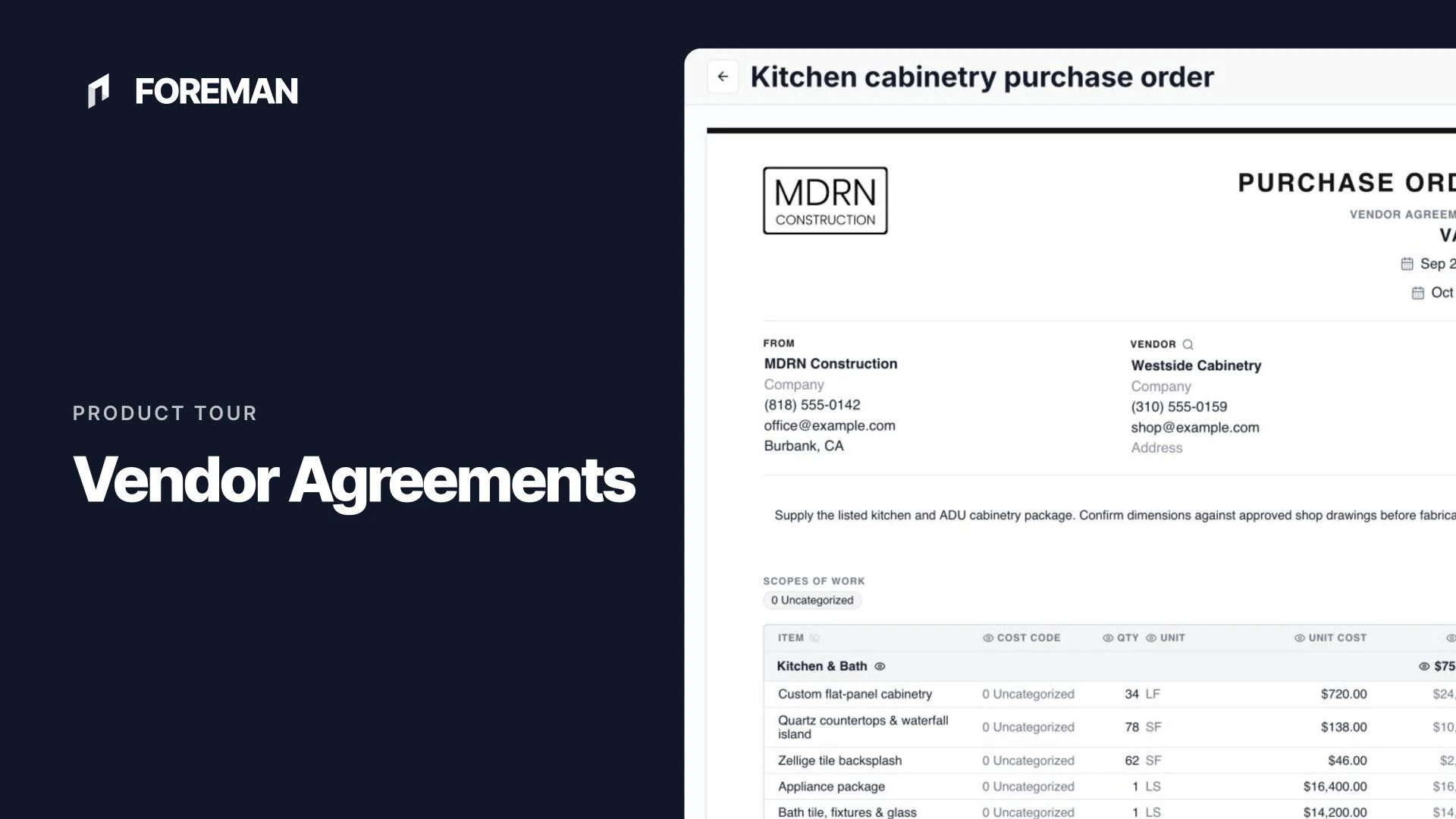 A Foreman purchase order with itemized costs and vendor details.