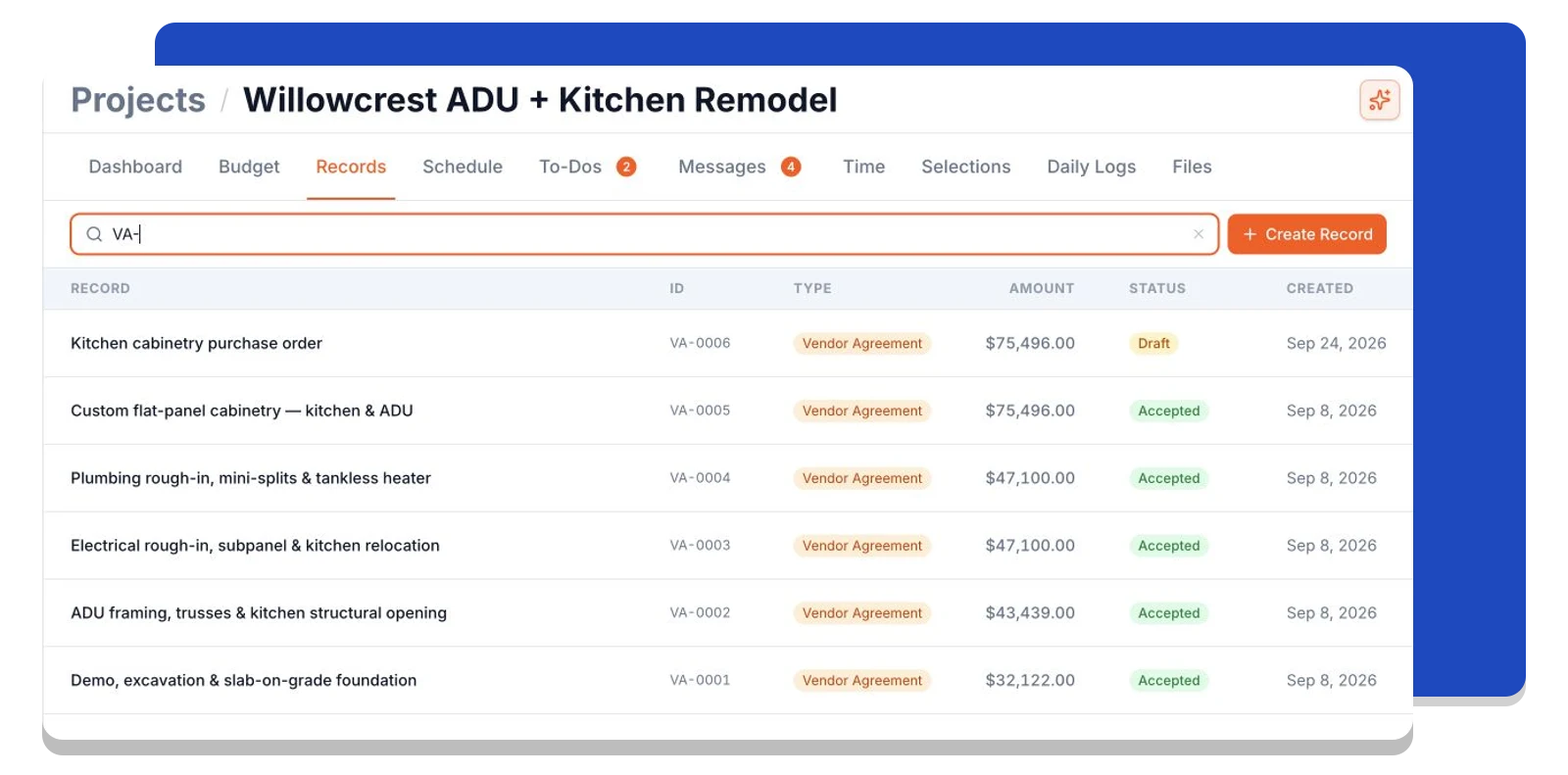 Vendor agreements in a project's Records list with amounts and statuses.