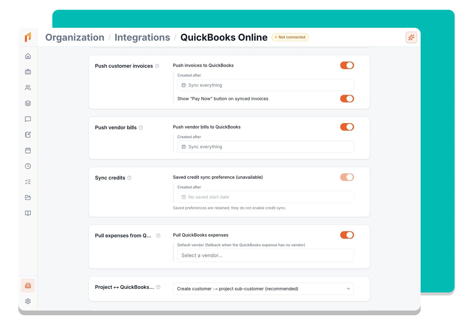 QuickBooks sync direction controls and starting dates in Foreman.