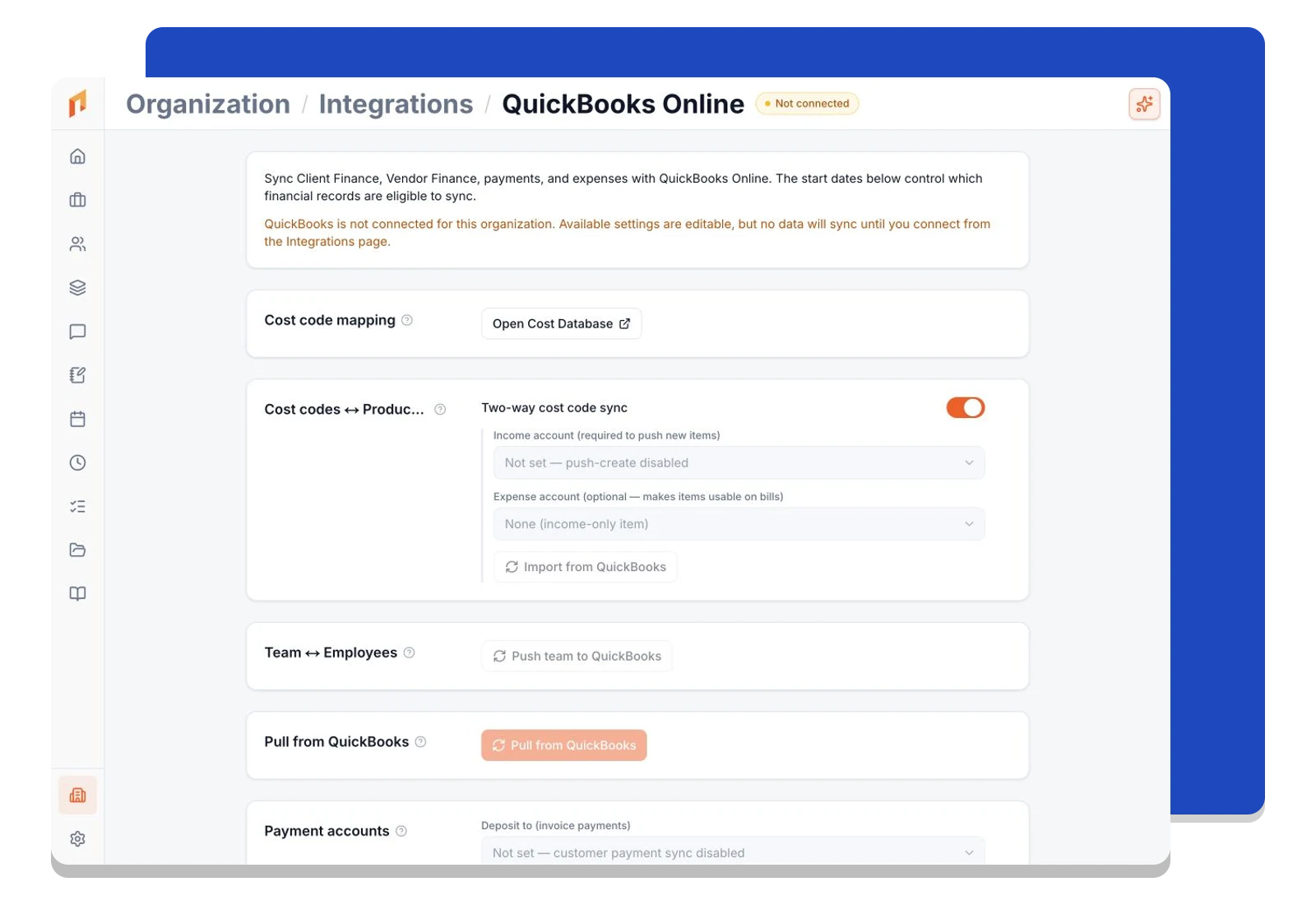 Foreman's QuickBooks management page with connection and cost-code controls.