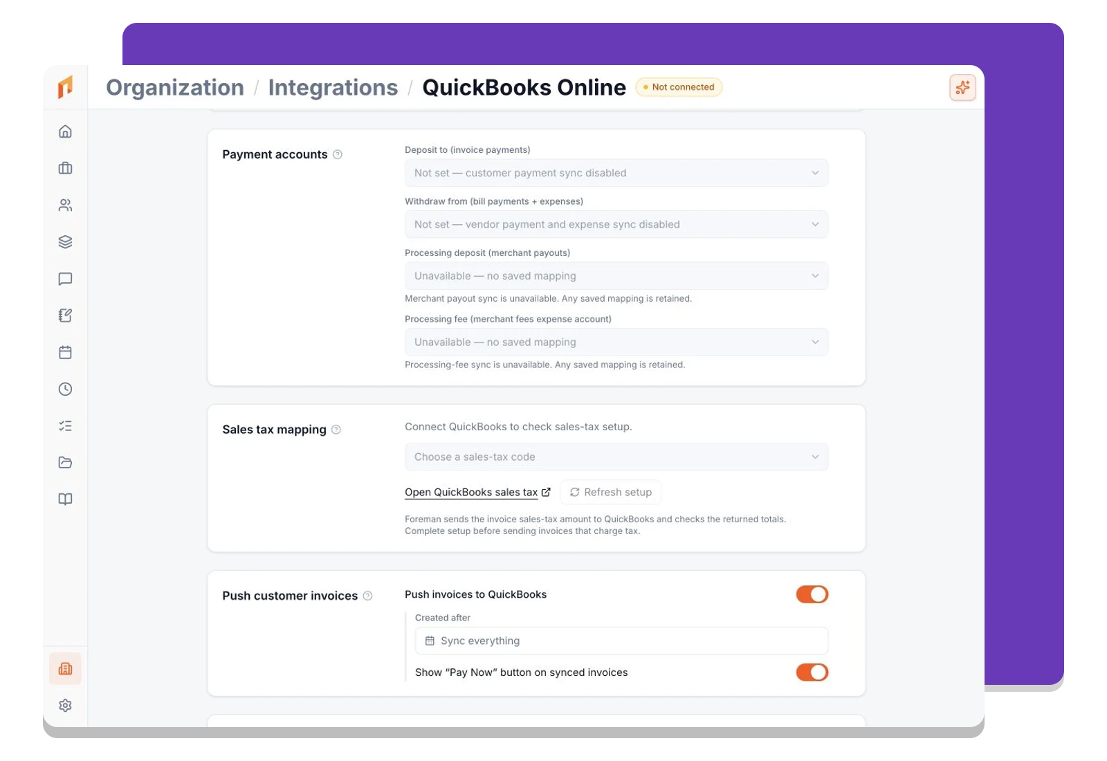 QuickBooks payment-account and project-mapping settings in Foreman.