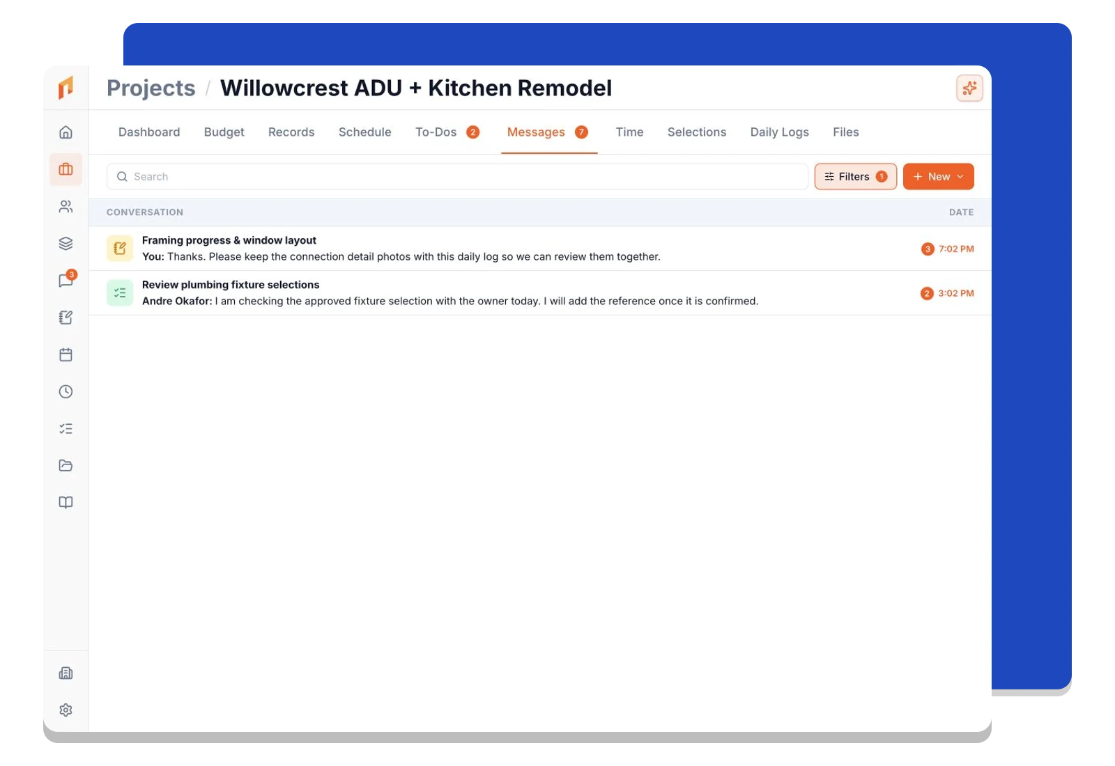 The project Messages inbox filtered to comments about project items.