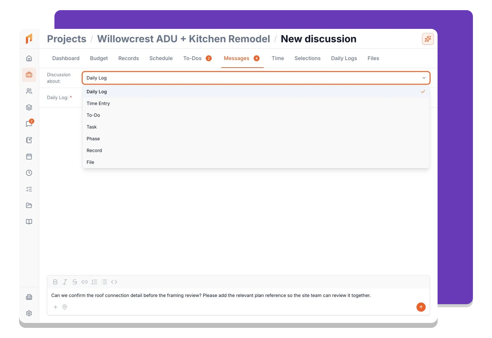 A new project discussion composer with a subject picker and attachment controls.