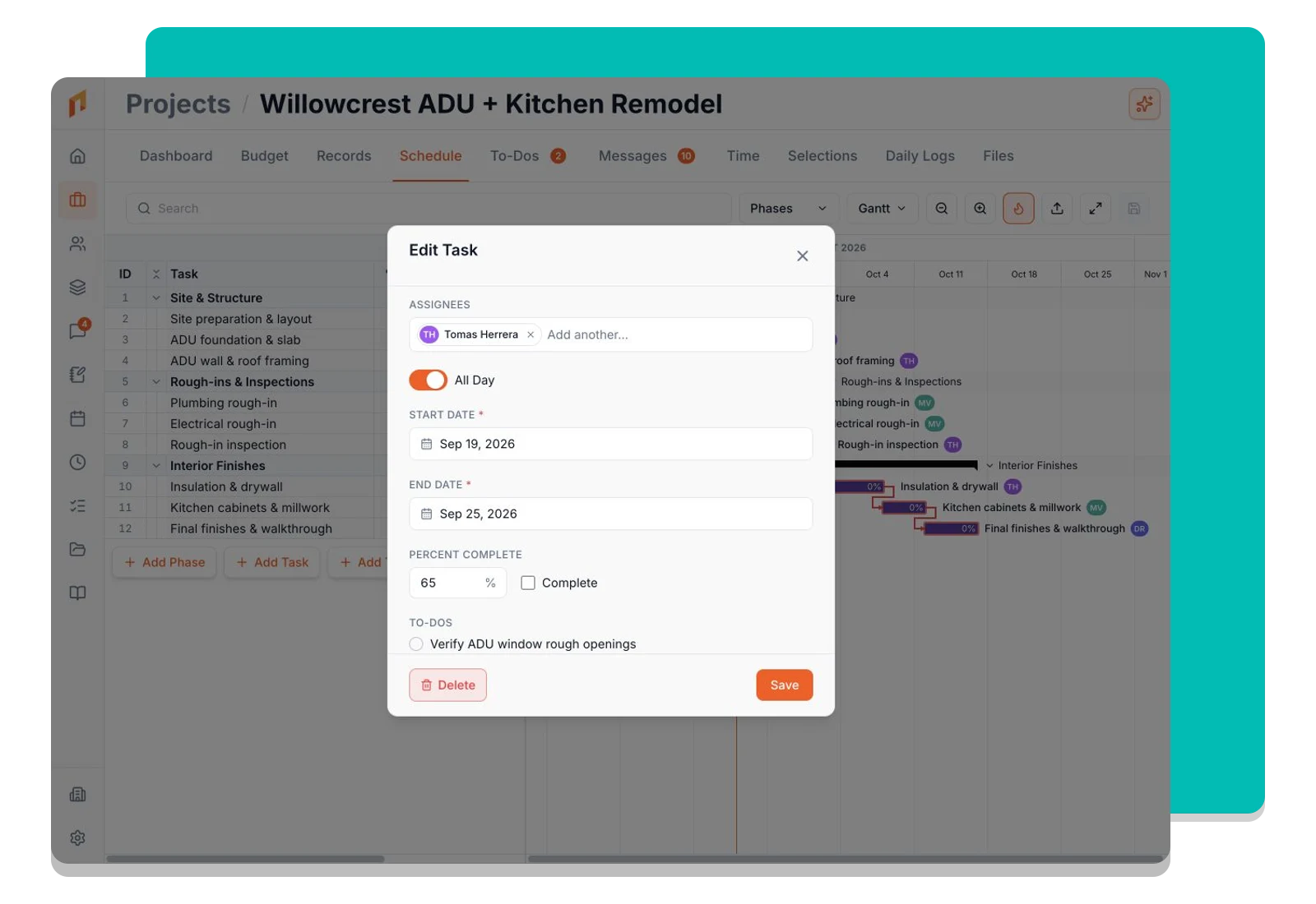 Schedule task details showing dates, assigned team members, and completion percentage.
