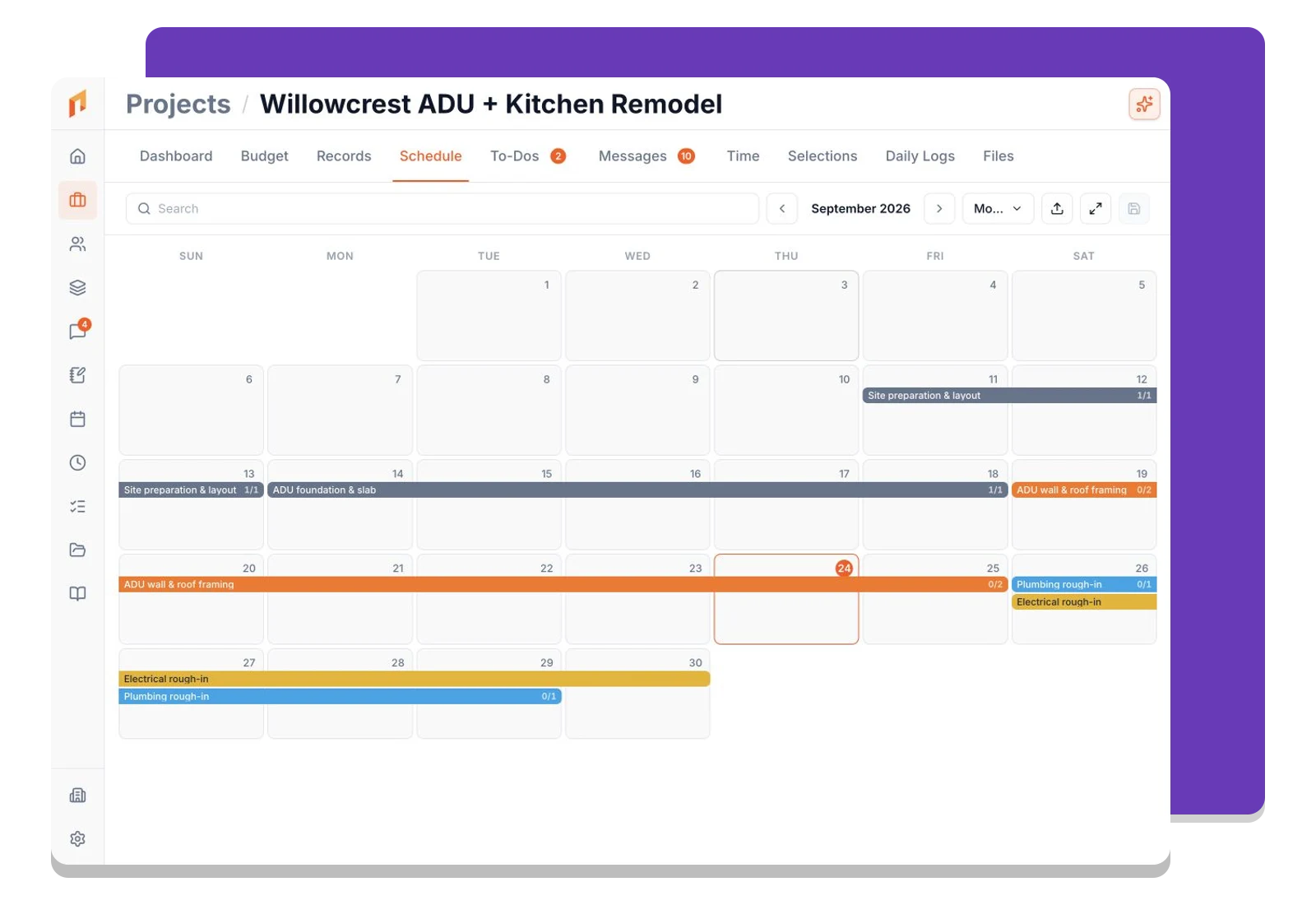 The schedule calendar showing upcoming project tasks by date.