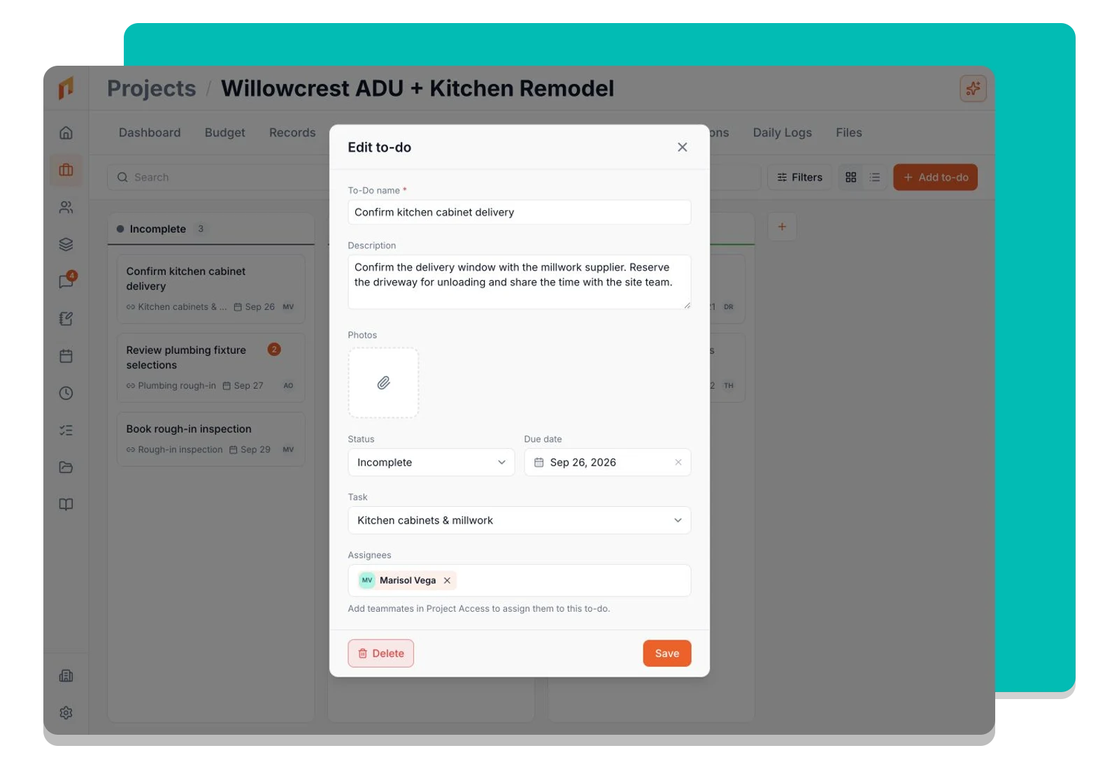A to-do detail window with its description, due date, assignees, and project context.