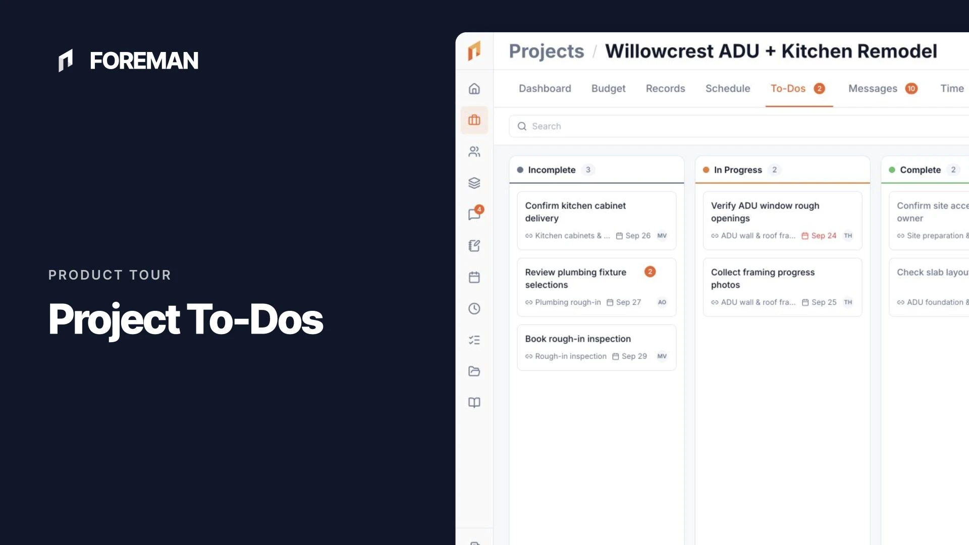 A Foreman to-do board with tasks organized into progress columns.