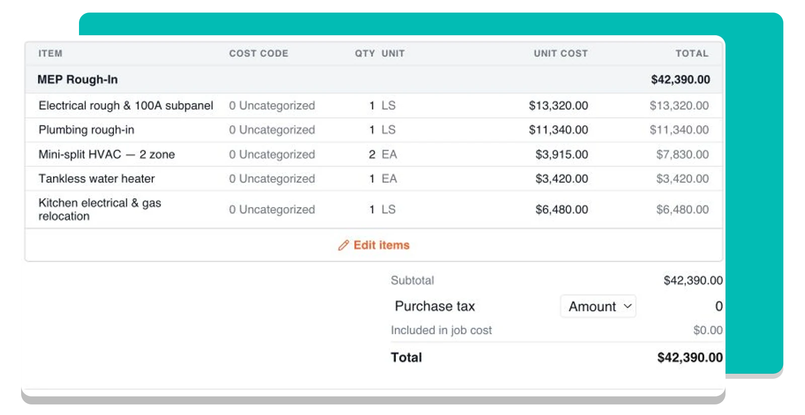 An itemized vendor bill with project budget links in the record editor.