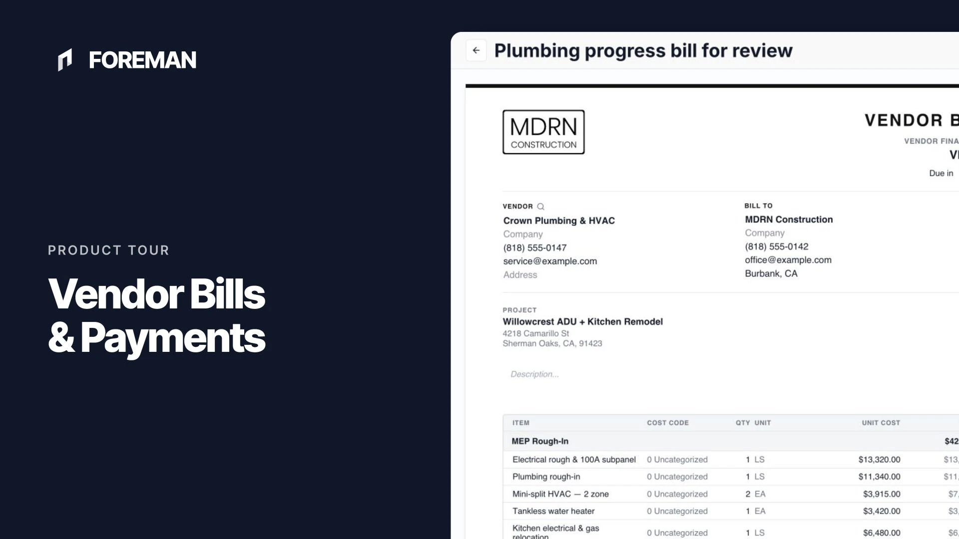 Vendor bills, expenses, and receipts managed in Foreman.