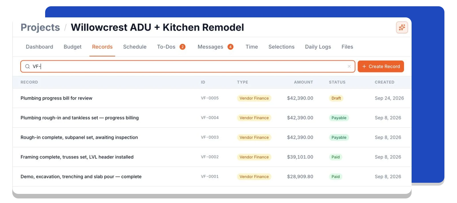Vendor finance records listed by amount and status on a project.
